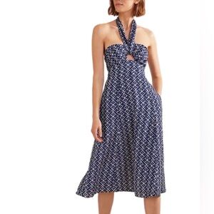 Boden  Dress Womens 12 Blue White Halterneck Cut Out Patterned Linen Blend Midi